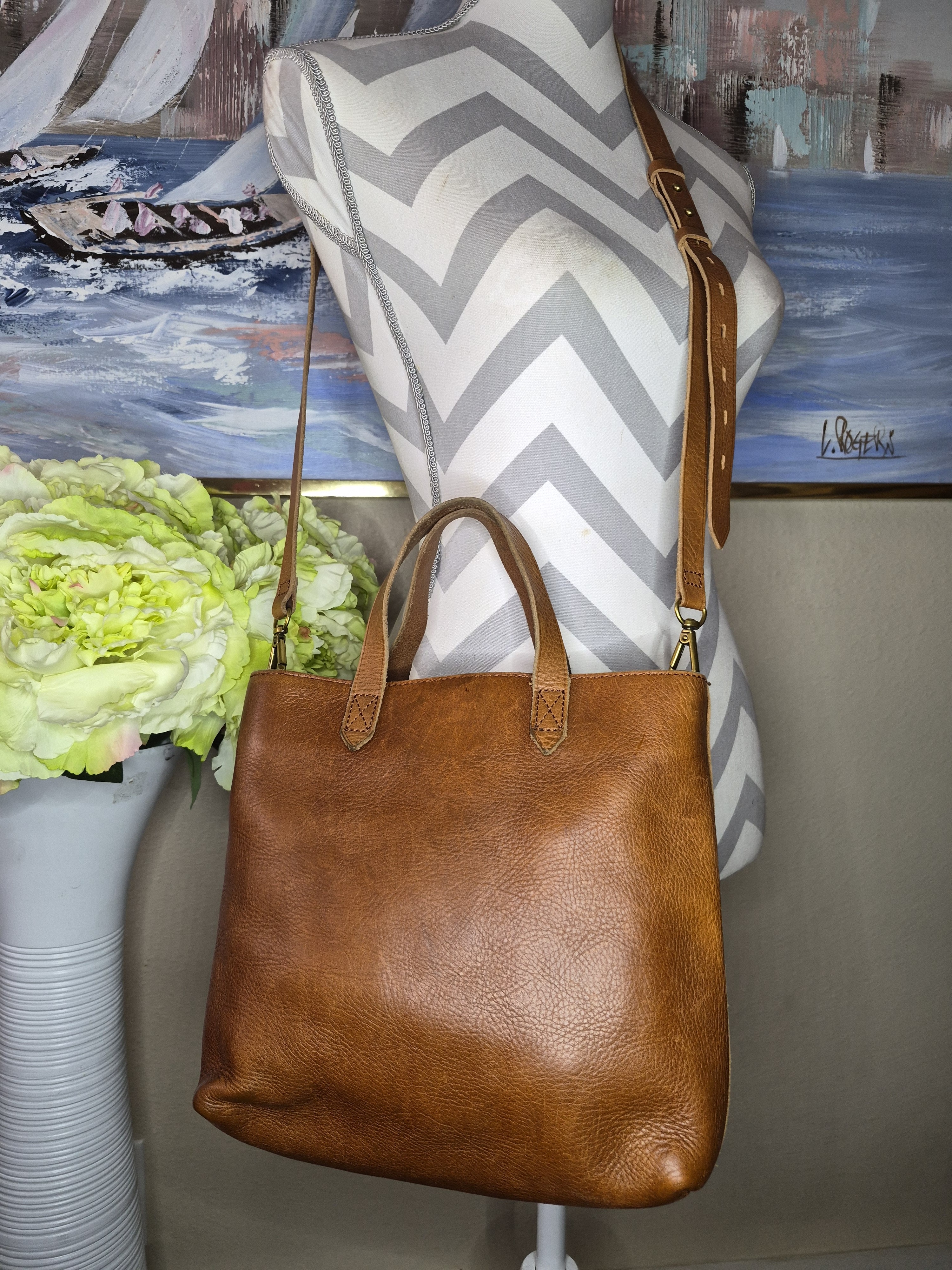 Madewell Cognac Brown Leather Tote With Adjustable Strap